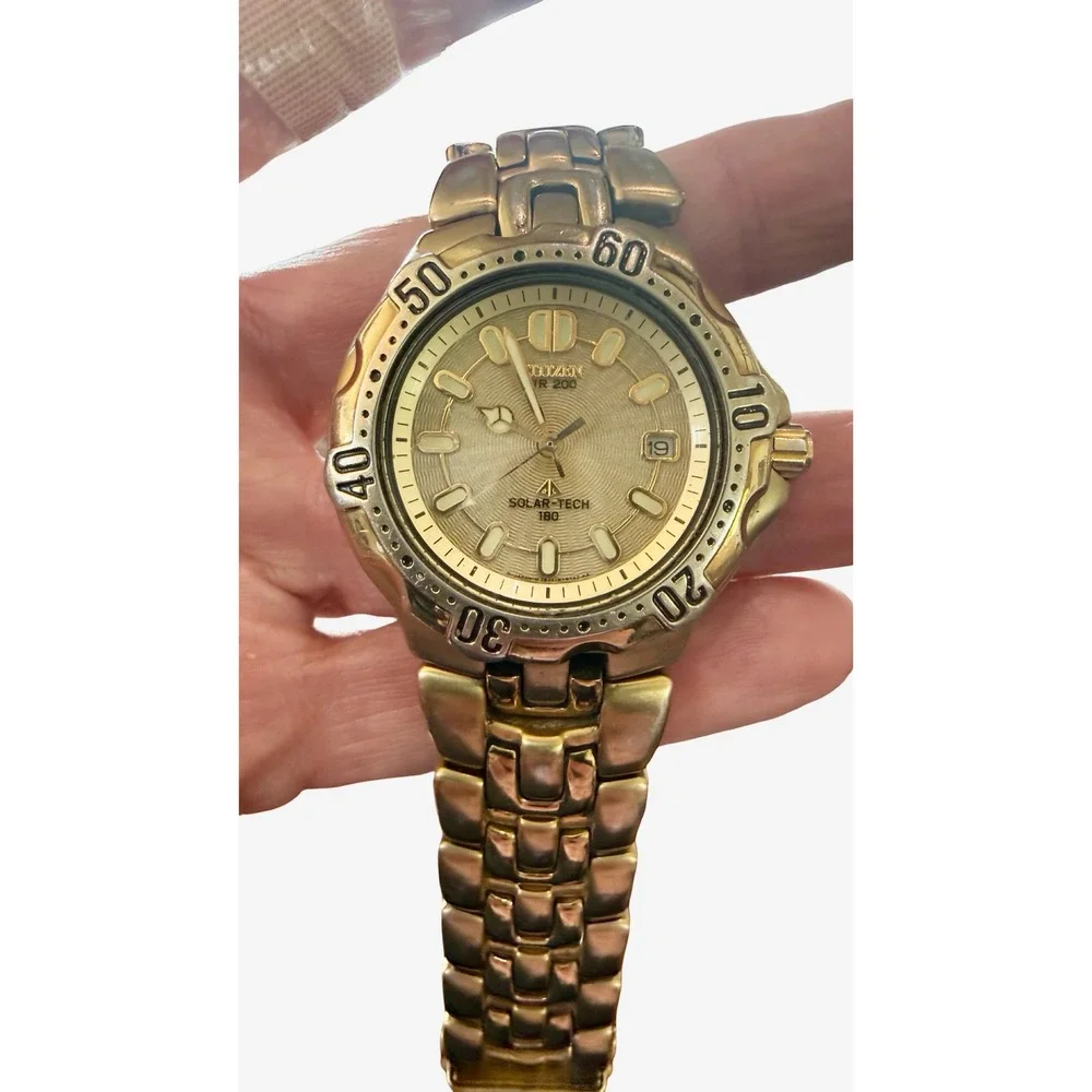 Citizen Eco-Drive Solar-Tech 180 Gold Tone WR200 Watch Working New Cell
